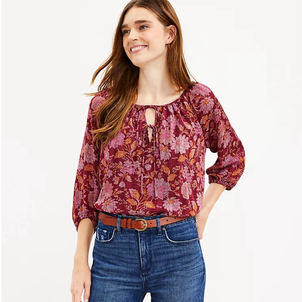 Loft floral tie neck blouse